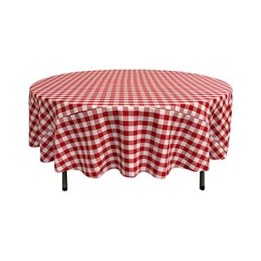 Imagem de LA Linen Toalha de mesa redonda quadriculada de poliéster, 228 cm, vermelho/branco