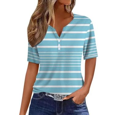 Imagem de Camiseta feminina moderna casual listrada com botão patchwork manga curta camiseta atlética de compressão feminina, Azul-celeste, GG