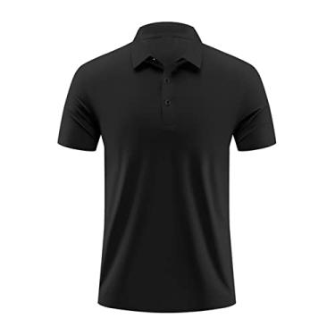 Imagem de Polos de golfe masculinos cor sólida nylon camisa esportiva com gola absorvente de umidade seca manga curta atlética casual(Color:Black,Size:M)