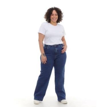Imagem de Calça Jeans Wide Leg Plus Size Feminina Cintura Alta Básica 28006 Escura Consciência-Feminino