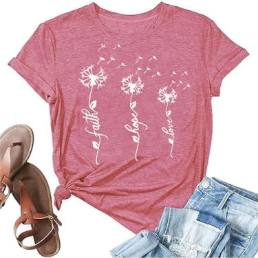 Imagem de Camiseta feminina com estampa de dente-de-leão margarida flor Faith Hope Love camiseta manga curta casual cristã, rosa, XXG