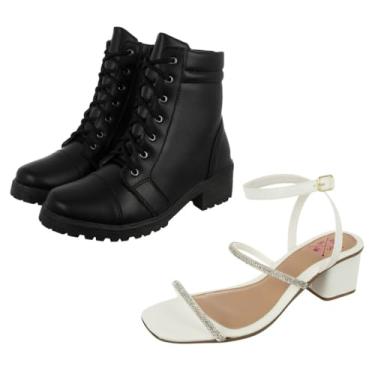 Imagem de Kit Sandália Feminina Salto Bloco Baixo Brilho + Coturno Tratorado Preto Bellinda Shoes (Branco, BR, Adulto, Numérico, 35)