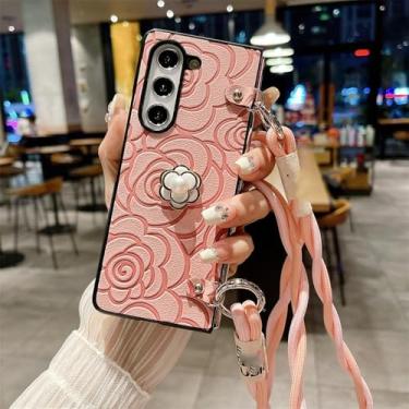 Imagem de Capa de couro crossbody com flor para Samsung Galaxy Z Fold 6 5 4 3 Fold6 Fold5 Fold4 Fold3 5G capa rígida, rosa, para Galaxy Z Fold4