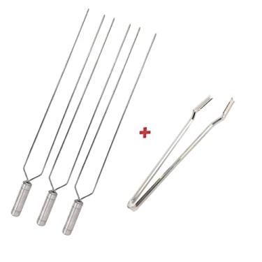 Imagem de Kit 3 Espetos Duplo 50cm E Pegador De Carnes Inox, Churrasco