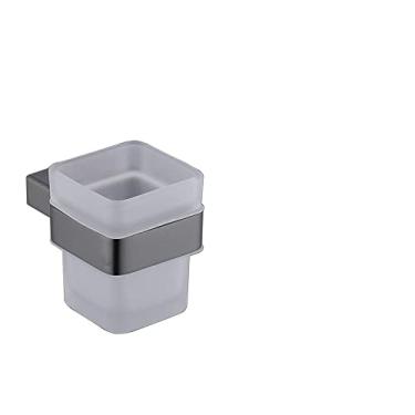 Imagem de Acessórios de banheiro cinza prateleiras de gancho de toalha cabide de papel suporte de escova de banheiro conjunto de prateleira de vidro de armazenamento de canto, suporte de copo