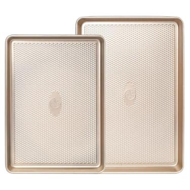 Imagem de Conjunto de 2 assadeiras antiaderentes, formas de biscoito para forno, bandeja extra grossa com padrão de textura de diamante, conjunto de assadeiras de qualidade comercial, dourado