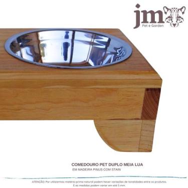 Imagem de Comedouro Pet Elevado Duplo M - Potes  Inox  Madeira Meia Lua - JM Pet