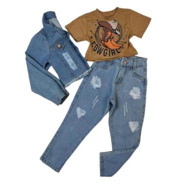 Imagem de Roupa Para Meninas Moda Infantil Cropped Jaqueta E Calça Jeans 3 Peças