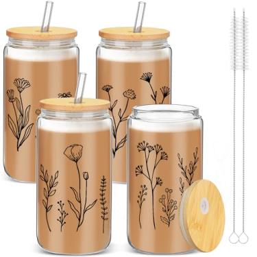 Imagem de Zubebe Copo de Vidro com Design de Flores Silvestres e Boho, com 4 Peças, Tamanho 15 x 7,6 cm, Capacidade de 473 ml, Tampa de Bambu e Canudo, Ideal para Casa