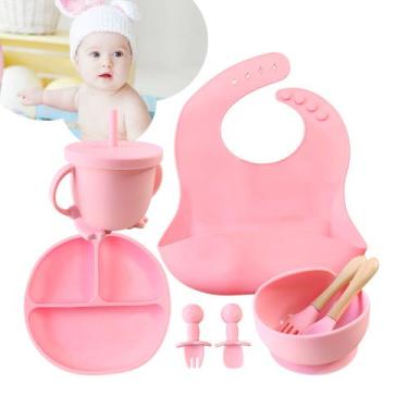 Imagem de Kit Refeição Bebê Silicone Prato Babador Copo Talher Rosa - genérica
