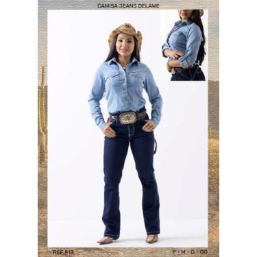 Imagem de Camisa Jeans Nelore Country Feminina Manga Longa, Delavê, GG