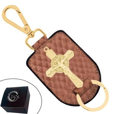 Imagem de Chaveiro de Couro Caramelo Cruz de São Bento Banhado a Ouro Fecho Prem