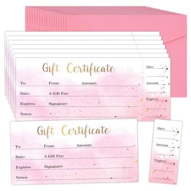 Imagem de JarThenaAMCS 25 peças de vales de presente para empresas com 25 peças de envelopes e adesivos rosa gradiente em branco cupons de voucher para salão de beleza, restaurantes, clientes de aniversário, 20