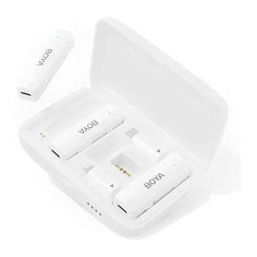 Imagem de Microfone de Lapela Boya BoyaLink Conectores 3.5mm, Usb C e Ios, Cor Branca, Tudo em Um Ideal para Gravações Multidispositivos e Transmissões Profissionais, Branco