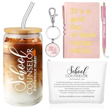 Imagem de Sunnychic 5 peças presentes de agradecimento conselheiro escolar 473 ml copo de vidro bolsa de maquiagem couro caderno caneta chaveiro presente de ação de graças para professores de saúde mental