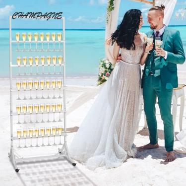 Imagem de HARVOST Suporte de parede de champanhe para festa - 40 taças de metal champanhe, suporte de exibição de champanhe, prateleira de 5 camadas com rodízios giratórios para decoração de bar de casamento