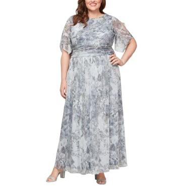 Imagem de S.L. Fashions Vestido feminino plus size longo evasê com mangas esvoaçantes e cintura franzida, convidada de casamento, vestido de festa, Prateado multi, 48