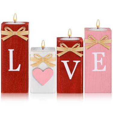Imagem de DoubleFill 4 peças de castiçais de dia dos namorados, tipo amor, castiçais decorativos tealight, suporte de vela de madeira romântico, decoração de mesa para dia dos namorados para casamento