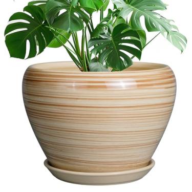 Imagem de Ceramicfor Vaso de cerâmica para plantas de 25,4 cm - Vaso para plantas ao ar livre, vaso de plantas de interior com orifício de drenagem, grande, vaso de flores redondo para casa, pátio, jardim,
