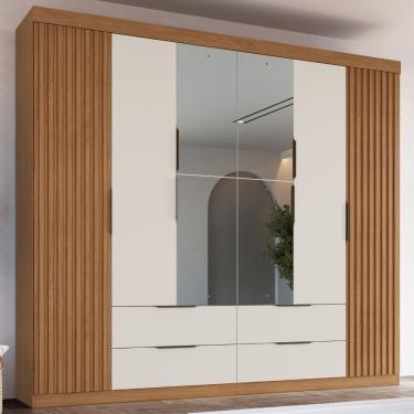 Imagem de Guarda Roupa Casal Ripado com Espelho 6 Portas 4 Gavetas Vegas Faimec - Freijo/Off White