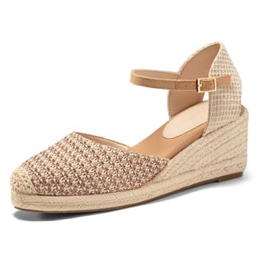 Imagem de Coutgo Sandálias femininas plataforma plataforma, alpargatas, ráfia, bico fechado, salto e fivela no tornozelo, sapatos de praia de verão, Café, 41