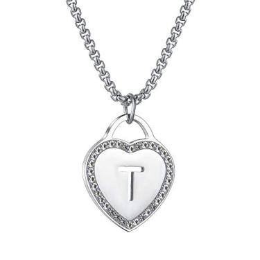 Imagem de CALIS Colar feminino prata inicial aço inoxidável coração amor pequeno colar com nome personalizado joia para namorada presente alfabeto letra T, Metal