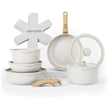 Imagem de Jogo de Panelas e Frigideiras, Material em Alumínio com 16 Peças e Cabo de Madeira Removível, Country Kitchen, Creme