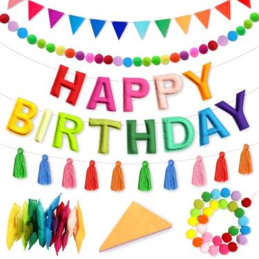 Imagem de Woonnuk Faixa de feliz aniversário pré-amarrada com 4 peças - Guirlanda de aniversário feliz de feltro, guirlanda de bola, borla colorida, bandeira de feltro, decorações de festa de aniversário de