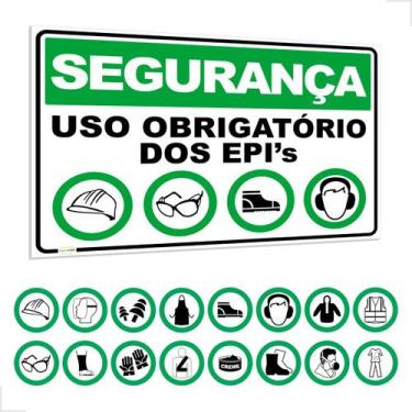 Imagem de Placa Segurança Uso Obrigatório EPIs 16 Ícones 60x40cm - Placa forte