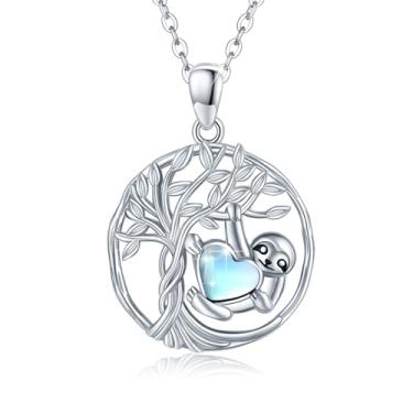 Imagem de Colar de árvore da vida preguiça para o dia das mães prata esterlina 925 preguiça árvore da vida colares com pingente de cristal azul joia animal fofa joia de dia das mães presente de formatura para