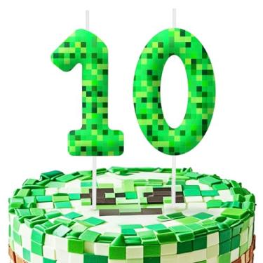 Imagem de Velas verdes com número de aniversário de 10 anos, decorações de topo de bolo de vela número 10 para festas temáticas de jogos de pixel verde, velas de bolo de aniversário para meninos e meninas,
