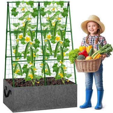 Imagem de Tidponra Treliça De Pepino Com Saco Cultivo, 47 X 34 Polegadas, Vegetais Jardim Reutilizável Canteiro Elevado Tecido, Rede Escalada E Clipes Suporte Para Plantas Trepadeiras Estufa