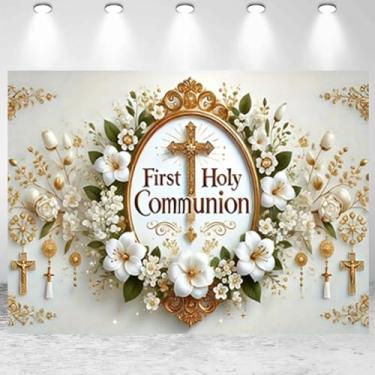 Imagem de Pano de fundo de batismo de flores brancas para sessão de fotos, pomba, bíblia, Deus abençoe, batizado, festa, decoração de festa de primeira comunhão, fundo de retrato de batismo para chá de bebê (20