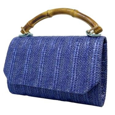 Imagem de Bolsa de mão de palha para noite com alça exclusiva, bolsa de verão e férias na praia para mulheres, festa, formatura, viagem, bolsa transversal, Azul, Medium