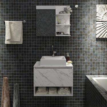 Imagem de Conjunto Para Banheiro Com 2 Peças 1 Gabinete 1 Porta E 1 Espelheira Com 1 Prateleira Tecno Mobili Mármore Branco