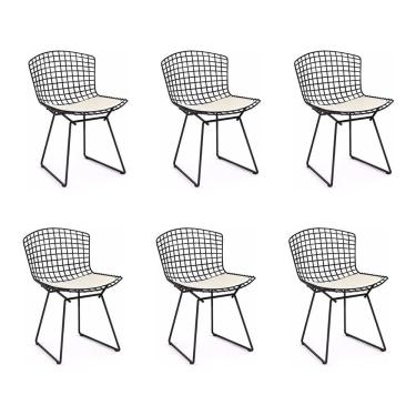Imagem de Kit 6 Cadeiras Bertoia Preta Com Assento Branco Cor Preto
