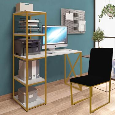 Imagem de Kit Mesa 5 Prateleiras E Cadeira Stan Dourado Tampo Branco Sintético Preto