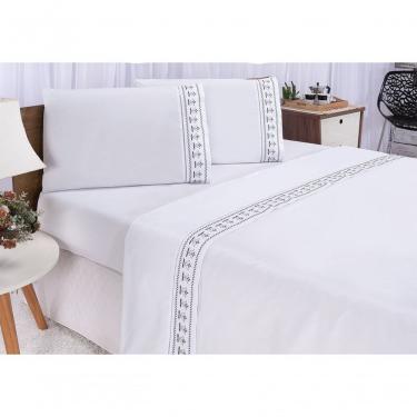 Imagem de Jogo Lençol Tulipa Quarto Casal Queen Bordado 4 Peças 2fronha Cor: Branco Com Cinza