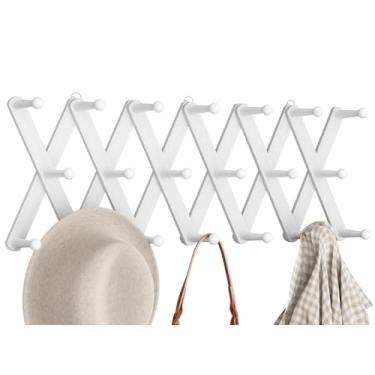 Imagem de Optish Cabide de parede sanfonado com 20 pinos, suporte de parede expansível, suporte de chapéu de madeira para parede, cabides de chapéu para pendurar casaco, bolsa, caneca (branco)