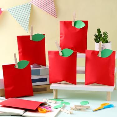 Imagem de Wesnoy 24 sacos de papel de maçã vermelha com etiqueta de folha clipe de madeira de volta às aulas presente de agradecimento para professores sacos de doces para casamento, Natal, Ano Novo Judaico