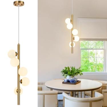 Imagem de FDPBY Luminárias Pendentes Douradas Para Ilha De Cozinha, 5 Luzes, Vidro Leitoso, Lustre Moderno Meados Do Século, Mini Globo Pequeno, Iluminação Quarto, Sala Jantar