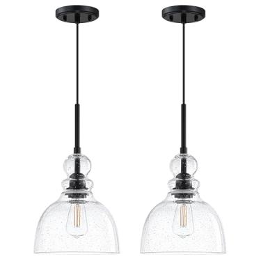 Imagem de Leading Lighting Pacote Com 2 Luminárias Pendentes Para Ilha De Cozinha, 1 Luminária 7,3" Vidro Transparente Acabamento Preto, Estilo Fazenda Moderna, Sala Jantar Sobre A Pia