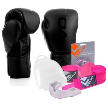 Imagem de Kit Boxe Muay Thai Luva 10Oz Preto + Protetor Bucal + Bandagem Rosa - 