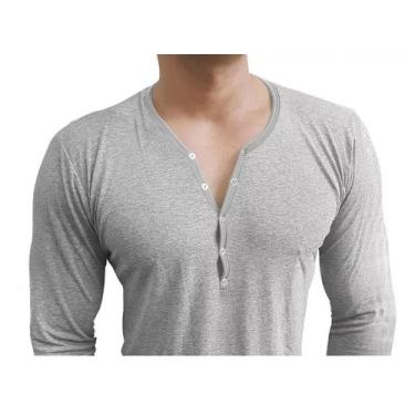 Imagem de Camiseta Botão Pressão Henley Básica Slim Lisa manga longa - Sjons Mod