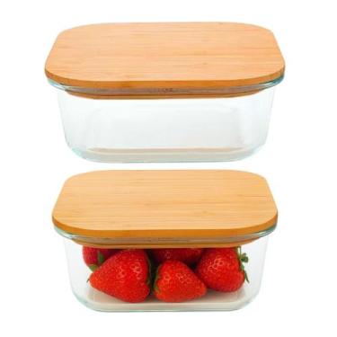 Imagem de Kit 2 Pote de Vidro com Tampa de Bambu Quadrado 320ml Em Casa Tem - Em