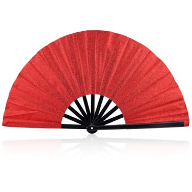 Imagem de BOXOB Grande ventilador de mão dobrável, ventilador de rave de plástico portátil com glitter vermelho para homens e mulheres linha ao ar livre dança festa de casamento decoração presente desempenho