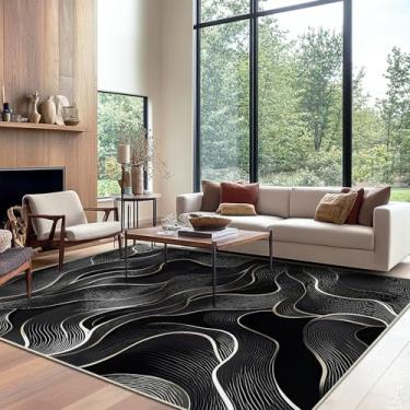 Imagem de Tapete de área 22 x 30,5 cm, preto, branco, moderno, para sala de estar, interior, lavável à máquina, tapetes abstratos, para quarto, sala de jantar, tapete grande, antiderrapante, antiderrapante para