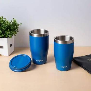 Imagem de Copo Térmico Parede Dupla em Aço Inox Azul 350ml com Tampa Hermética - Estilo Liso