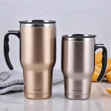 Imagem de Caneca Térmica Parede Dupla em Aço Inox Bege 850ml com Tampa Flip - Estilo Casual