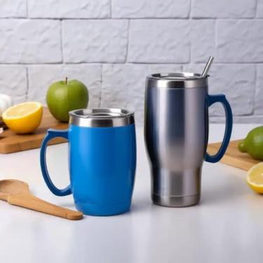 Imagem de Caneca Térmica Parede Dupla em Aço Inox Azul 550ml com Canudo - Estilo Premium